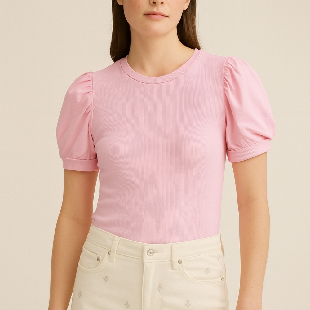 Vince Camuto Women’s Pink Fitted Top with Gathered Puff Sleeves Size Extra Small